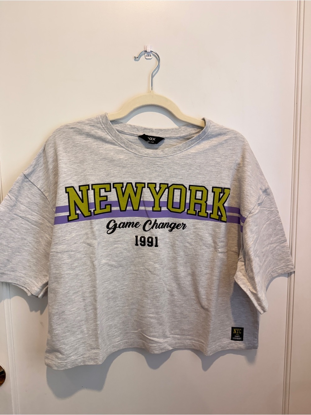 Light Gray 'New York' Graphic Crop Top with Purple Stripe